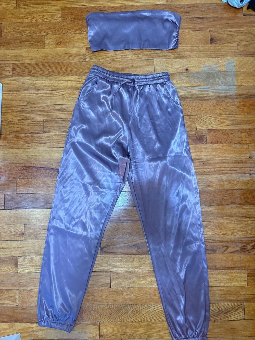 Satin Lavender High-Waist Jogger Pants - Women's Two-Piece Set - Picture 1 of 6